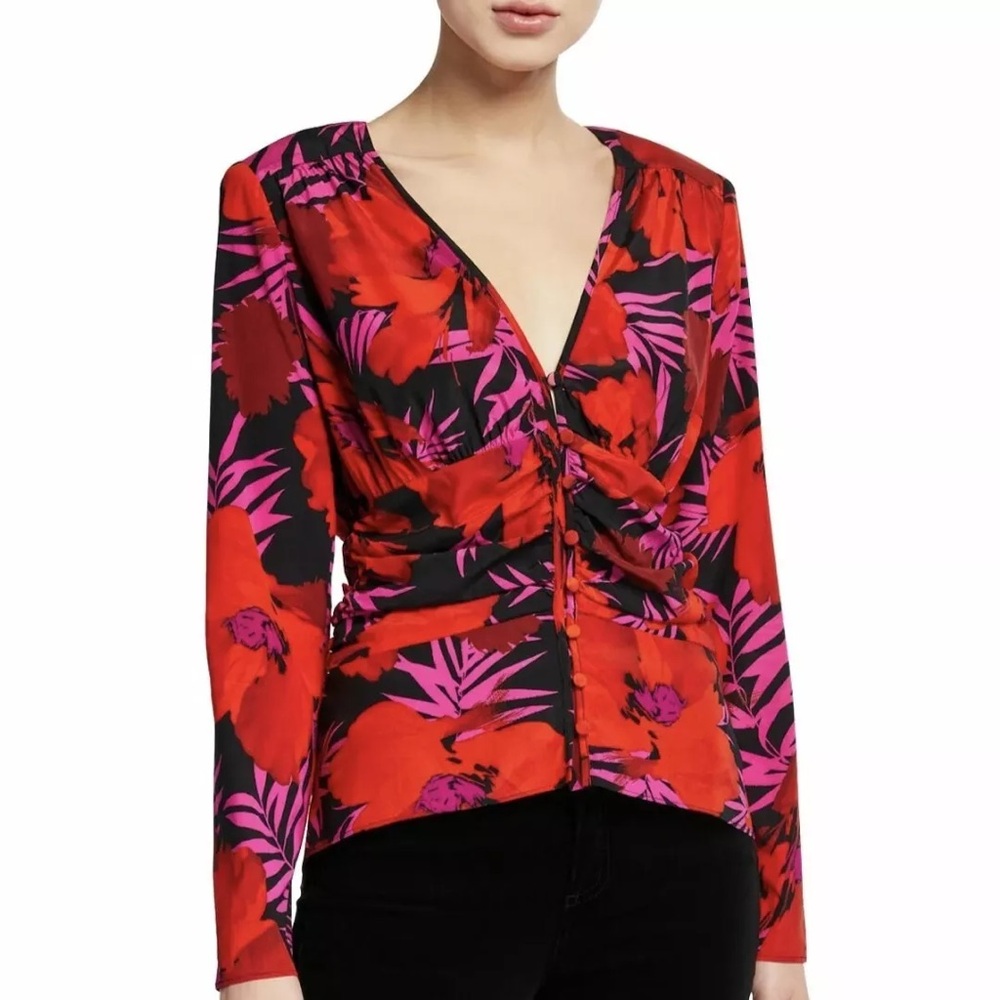 Veronica Beard 100% Silk Blouse Women 8 Red Pevero Ruched Floral Button High Low